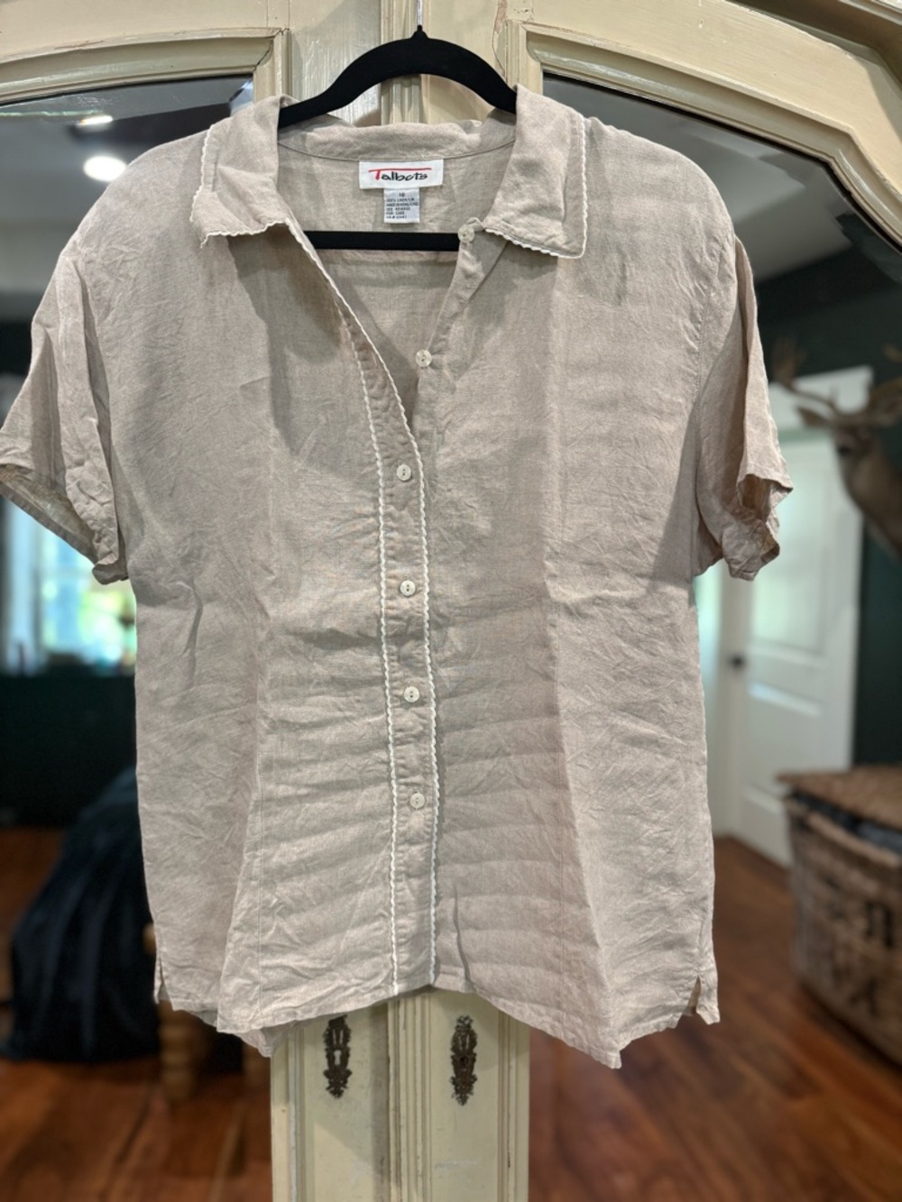 Talbots Beige Short-Sleeve Linen Button Front Top